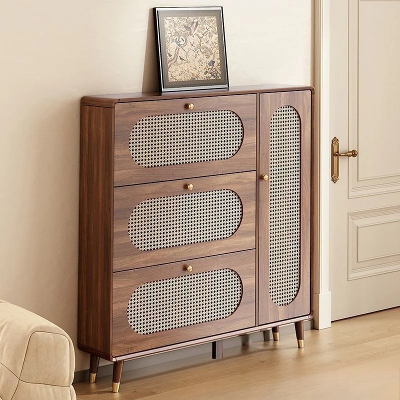 New Chinese-style solid wood bar rattan entrance cabinet Modern simple balcony storage cabinet