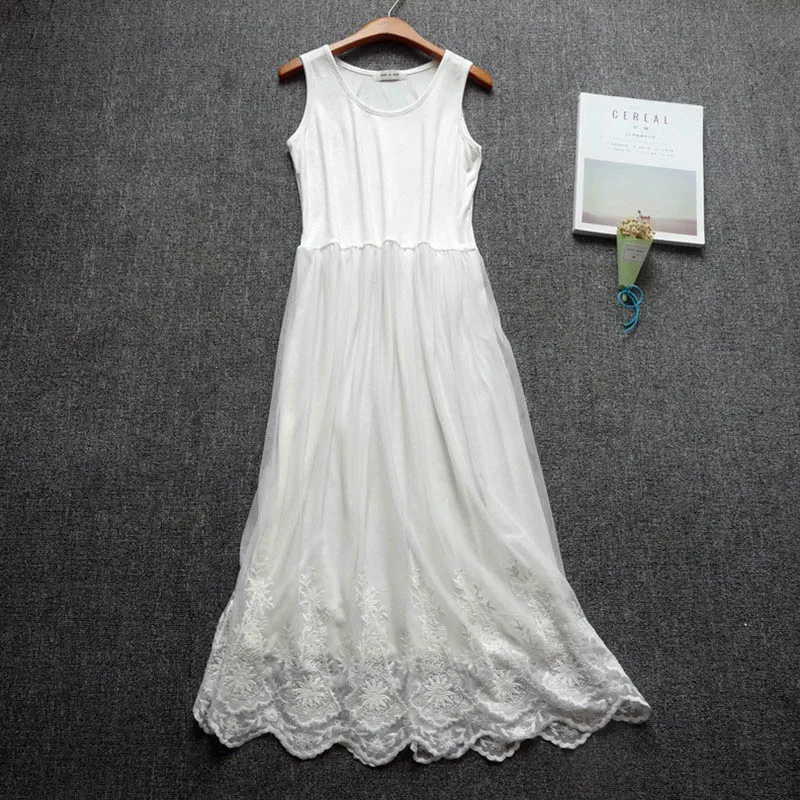 Verão floral bordado vestido roupas femininas sem mangas macio modal camada de renda preto branco mori menina tanque novo em vestidos u535