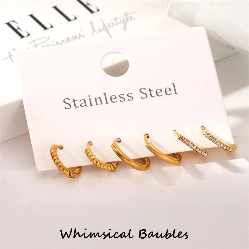 

Waterproof Stainless Steel Jewelry Minimalist Crystal Cubic Zircon Stone Hoop Huggie Earring Set