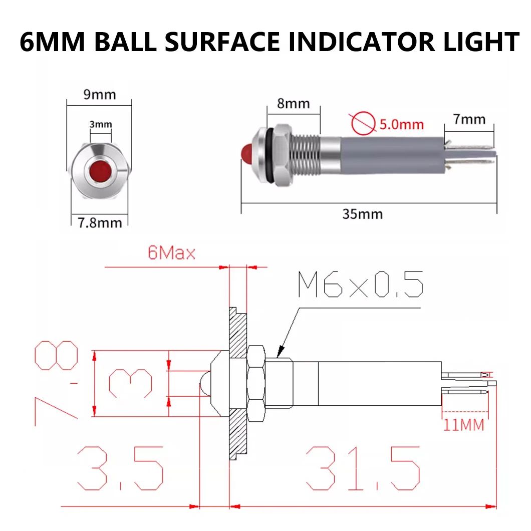 ABILKEEN 20PCS 6MM LED Meal Indicator Light IP65 Waterproof LED Signal Pilot Light AC/DC 3~220V Indicator Light 2Pin Terminal