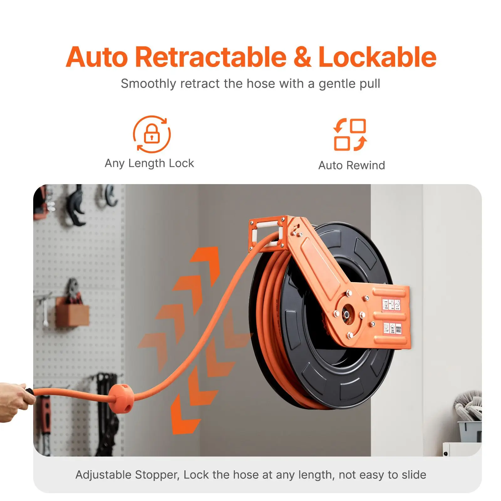 Retractable Air Hose Reel, 3/8IN x 100FT Rubber Max 300PSI, Compressor Auto-Rewind with 5FT Lead in, Ceiling/Wall Mount Heavy