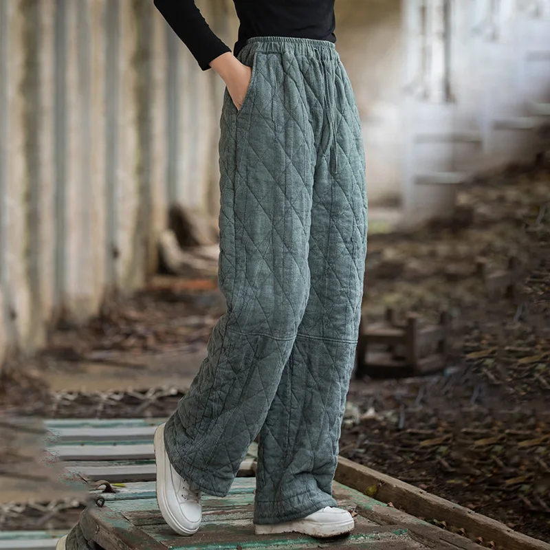 Women Diamond Quilted Padded Wide‑Leg Pants Elastic Drawstring Waist Loose Warm Linen‑Blend Winter Casual Trousers with Pockets