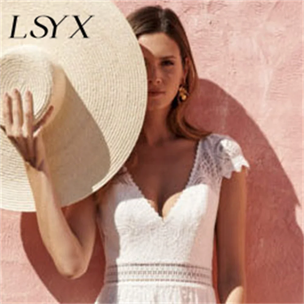 LSYX Chiffon A-Line V-Neck Lace Cut Out Beach Wedding Dress Cap Sleeves Floor Length Open Back Bridal Gown Boho Robe De Marie