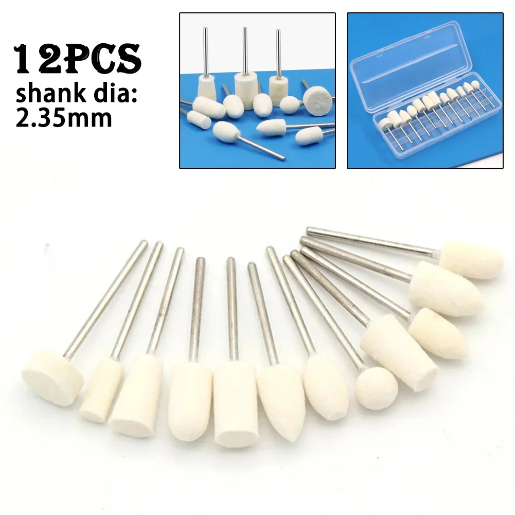 

12pcs Wool Felt Mounting Polishing Wheel Drill Bit Grinding Rotary Head 2.35mm Shank Grinder Abrasive Power Tool Accessories