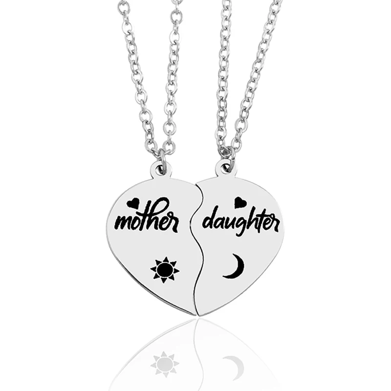 2 teile/satz Mutter Tochter Sohn Herz Puzzle Anhänger Halskette Edelstahl Sonne Mond Halsketten für Mutter Kinder Geschenk – Detail 1