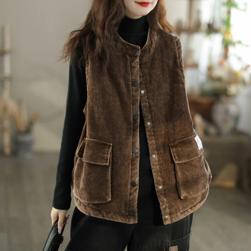 Literary Corduroy Women Waistcoat Fall Winter Solid Color Single-breasted Elegant Versatile Fashion Simple Female Sleeveless Top