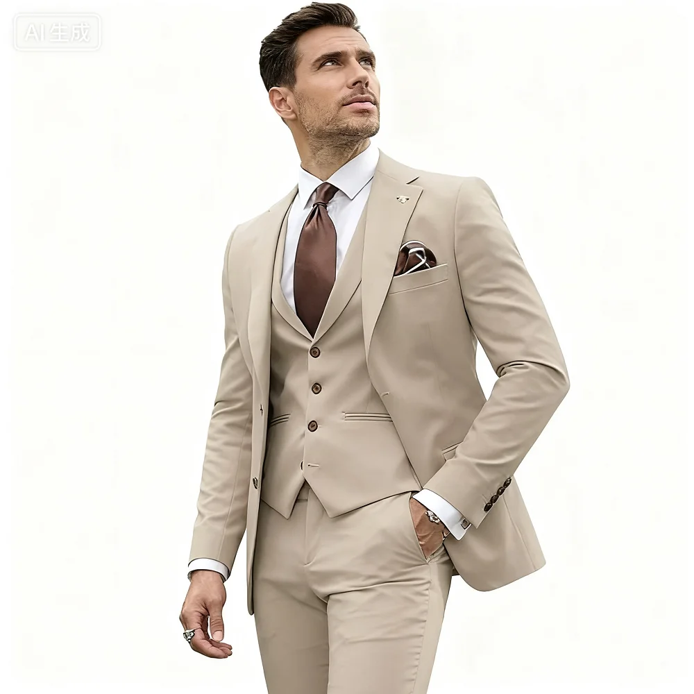 

Solid Slim Fit Men's Tuxedo 3 Piece Set - Notch Lapel Blazer Pants Vest Smart Casual Wedding Groom Business Suit