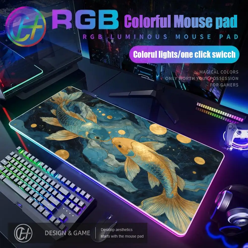 

HYBXAXC Art Aesthetic Koi Fish Pattern Mouse Pad RGB Gaming Mouse Pad Desk Mat HD Gamer Large LED Light XXL