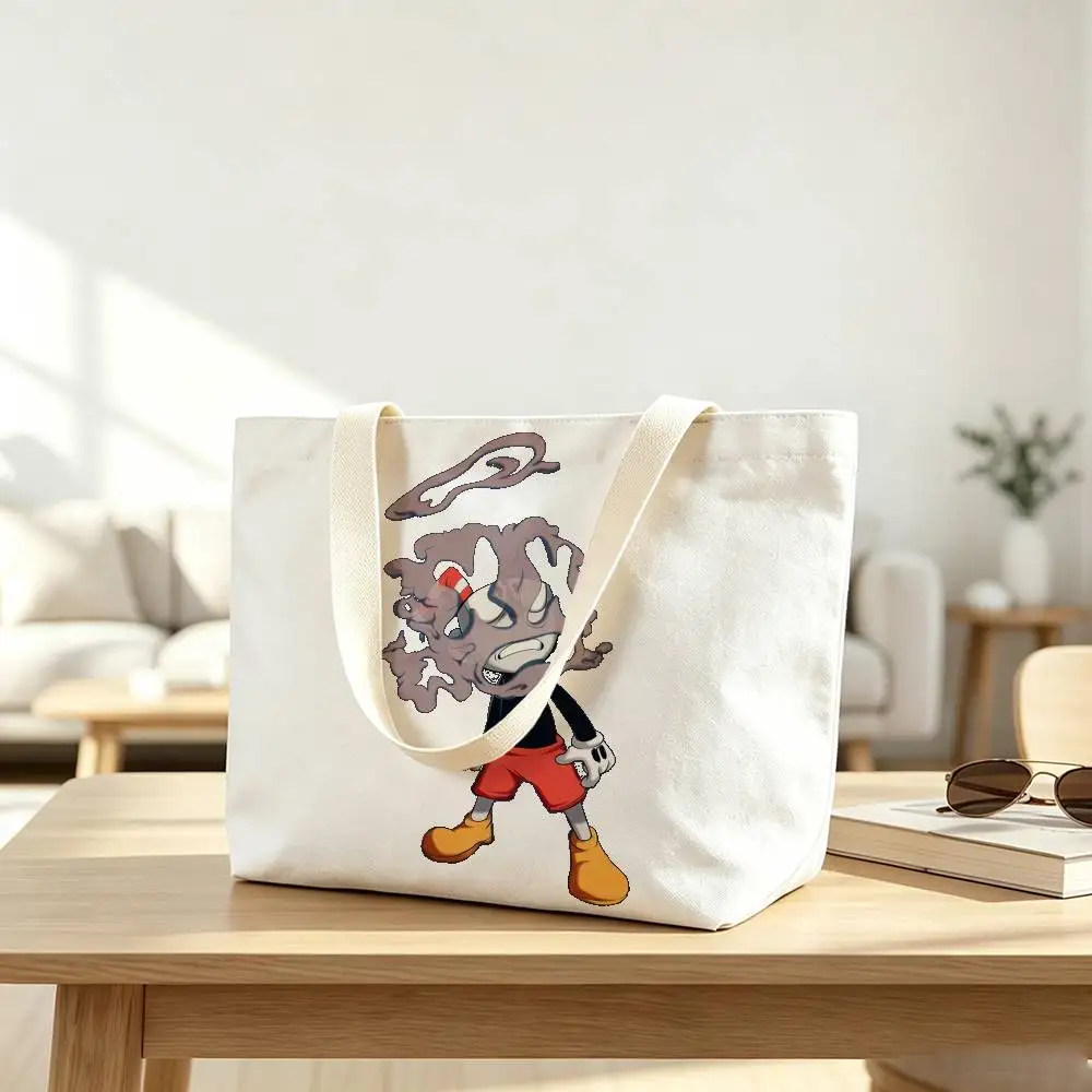 P-Popular C-Cuphead Game Print Canvas Tote Bag Handbag For Daily School Commute Casual Shoulder Bag