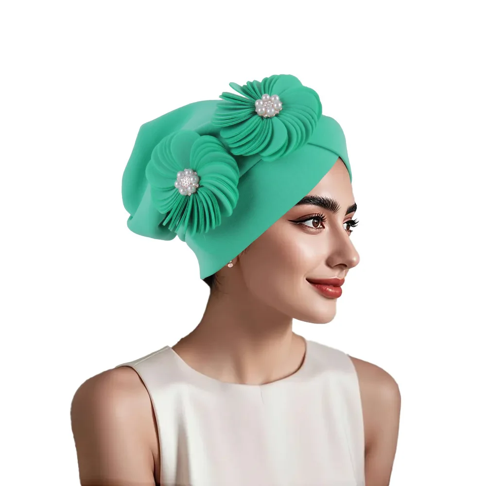 New Beaded Flower Turban Cap for Women African Auto Gele Headties Muslim Hijab Bonnet Headscarf Nigeria Wedding Cap Head Wrap
