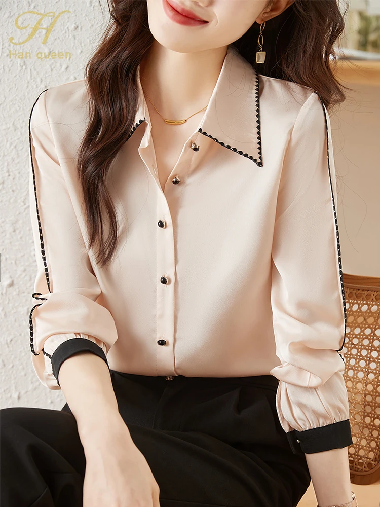 H Han Queen Korean Autumn Blusas Women Vintage Satin Colorblock Tops Chiffon Long Sleeve Casual Blouse Work Wear Office Shirts