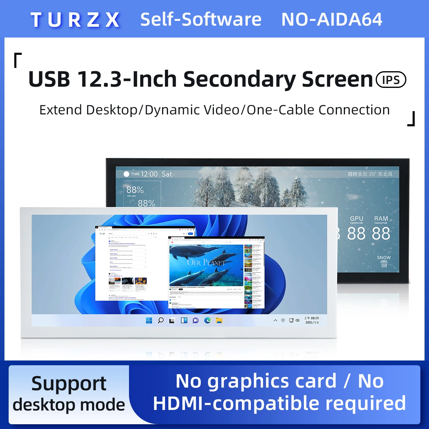 TURZX USB 12.3 Inch Secondary Screen IPS 1920*720 TFT LCD Support Desktop Mode TF Card Dispaly Type-C PC Monitor NO AIDA64