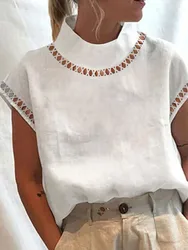 Blusa de lino y algodón para mujer, elegante camisa de manga corta con encaje de flores, color blanco sólido, ropa de trabajo informal