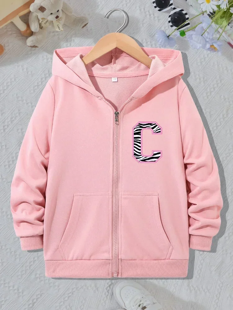 Fashion Zebra Texture Letter C Kids Zip Hoodie Minimal Chest Capital Alphabet Print Long Sleeve Light Casual Girls Hooded Coat