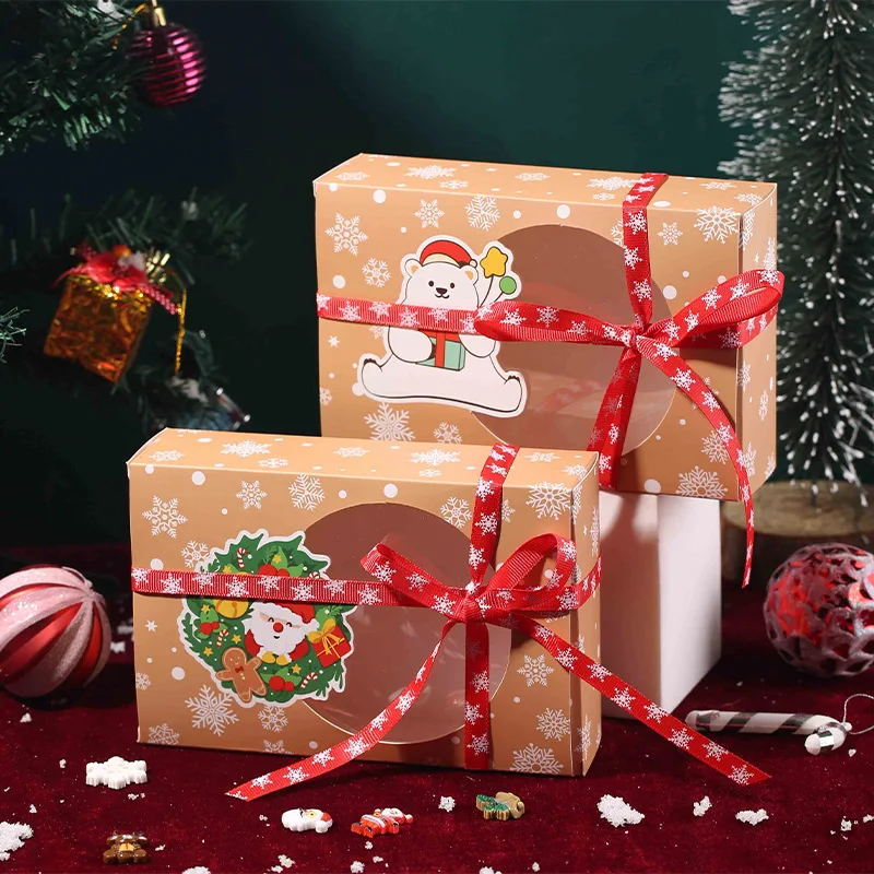 4/8Pcs Kraft Paper Christmas Cookie Candy Gift Box PVC Open Window Favor Gift Packaging Box With Santa Claus Tag Party Supplies