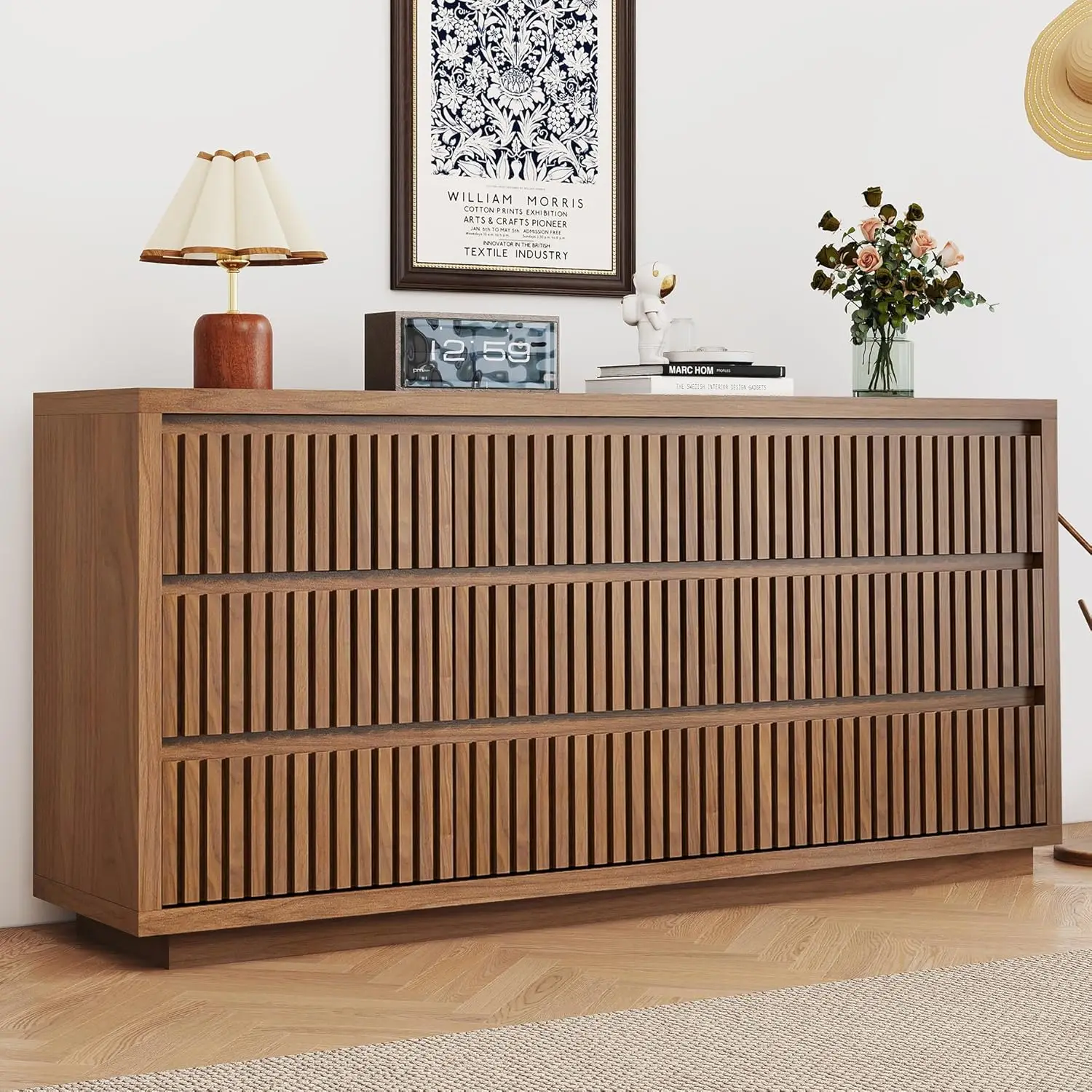 Fluted Long 9 Drawer Dresser, Large Mid Century Dresser for Bedroom, 58