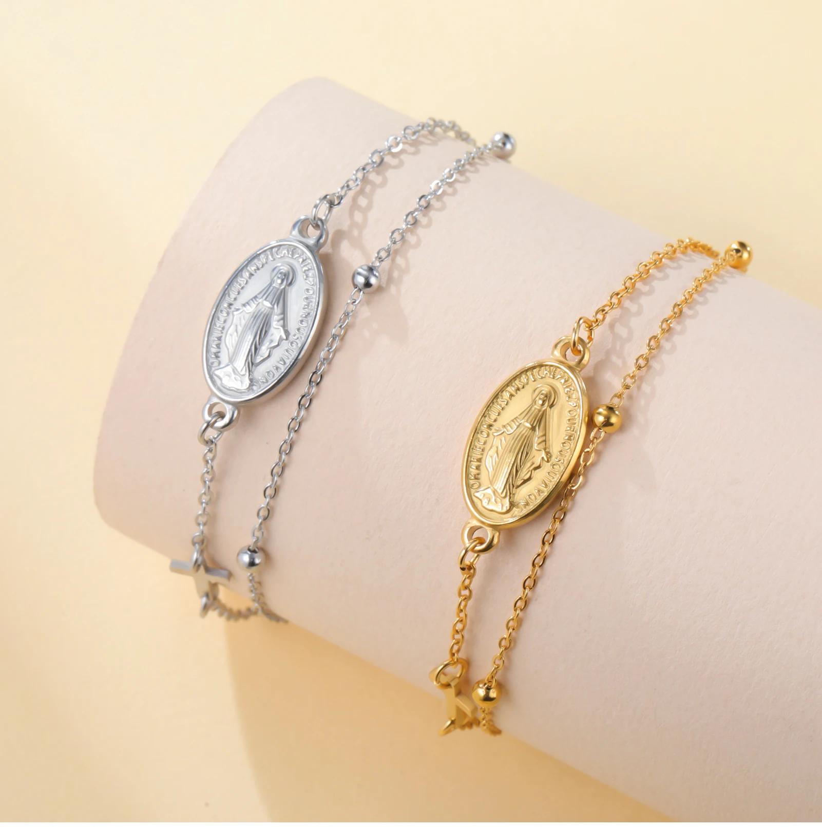 Doppellagiges Armband mit Kreuz und Jungfrau Maria für Damen, Edelstahl, zierliche Medaille, katholischer Schutzschmuck, verstellbar, Geschenk – Detail 13