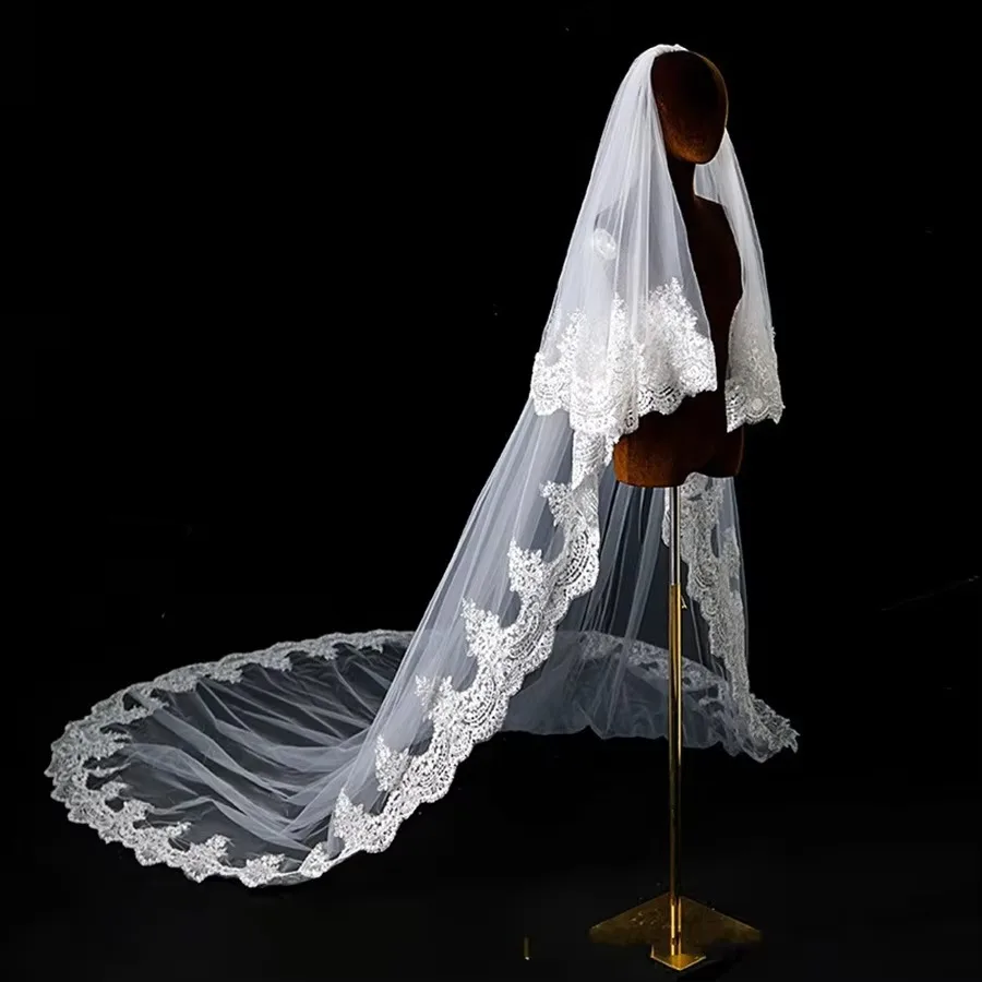 Customized White Ivory Cathedral Wedding Veils Beaded Crystals Bride Wedding Accessories Veu De Noiva Lace Appliques Veils