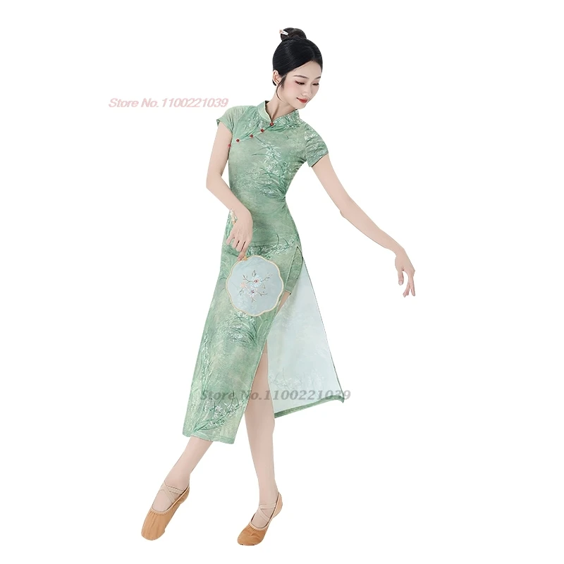 2025 abito da ballo vintage cinese tradizionale stampa floreale cheongsam danza popolare qipao abito da allenamento per performance sul palco