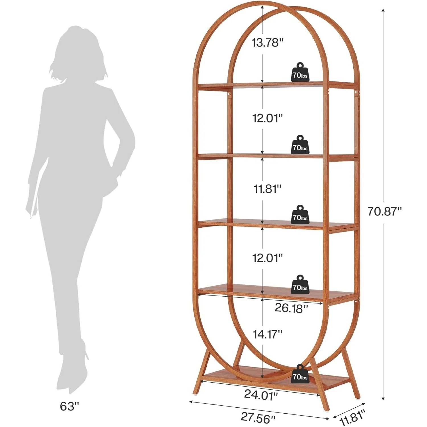 Bookshelf 5-Tier Arched Bookcase, 70.8