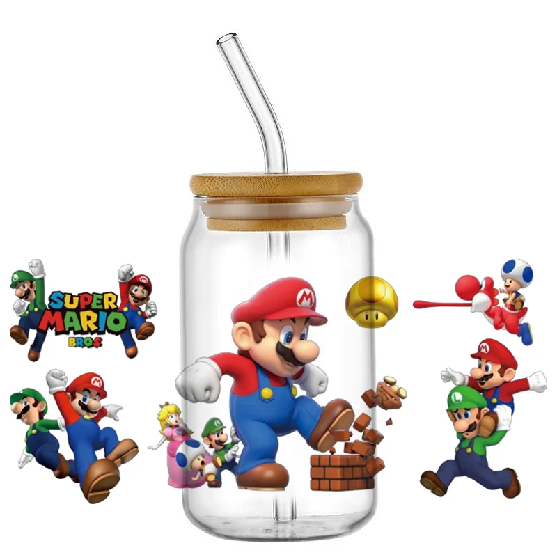 Miniso Cartoon super Mario UV DTF Transfer Stickers For 16oz Coffee Glass Bottle Can Cup Wraps Permanent Self-adhesive DIY Decal