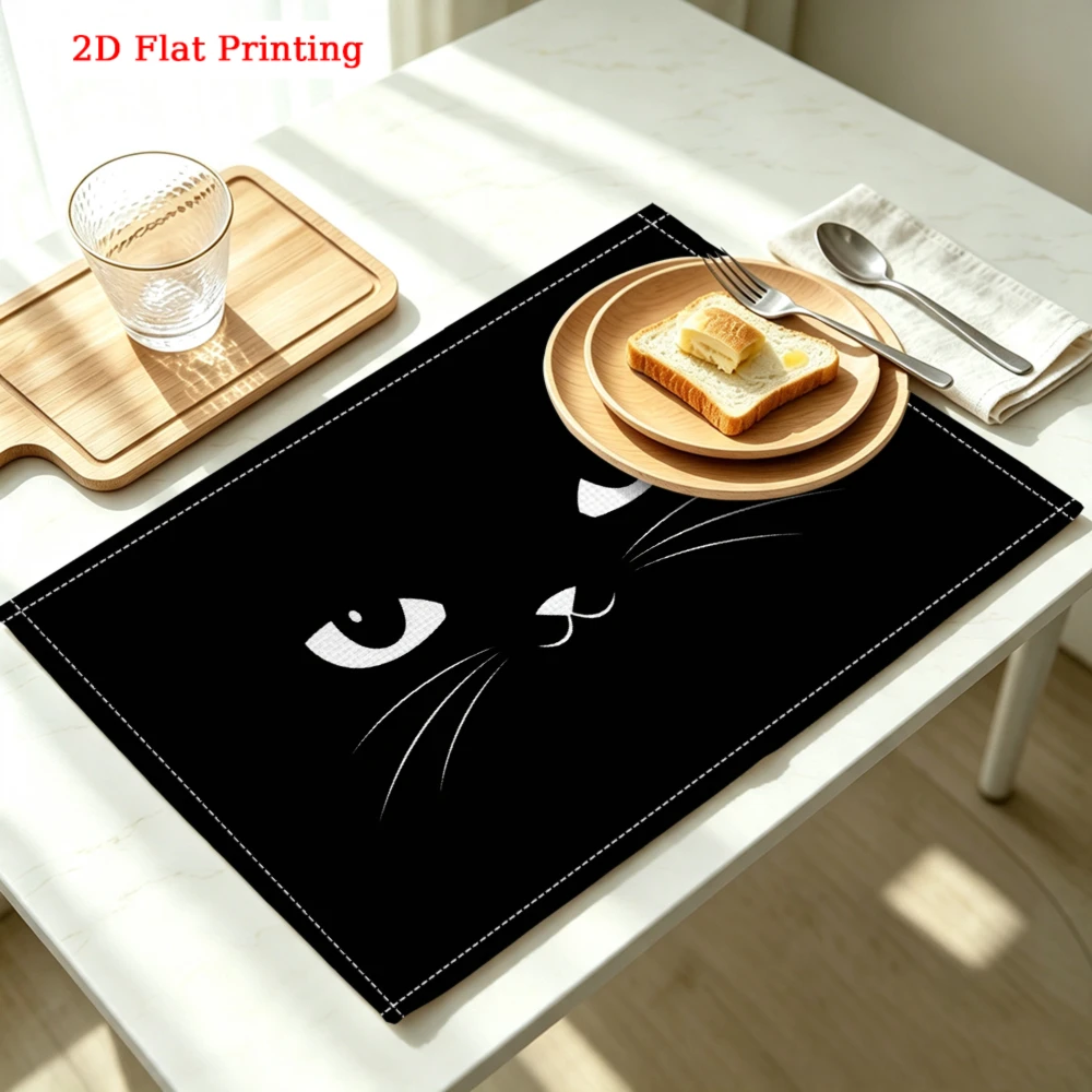Black Cat Face Kitchen Placemat Black Cat Face Linen Pad Dish Coffee Cup Table Mat 1PC 30x40cm