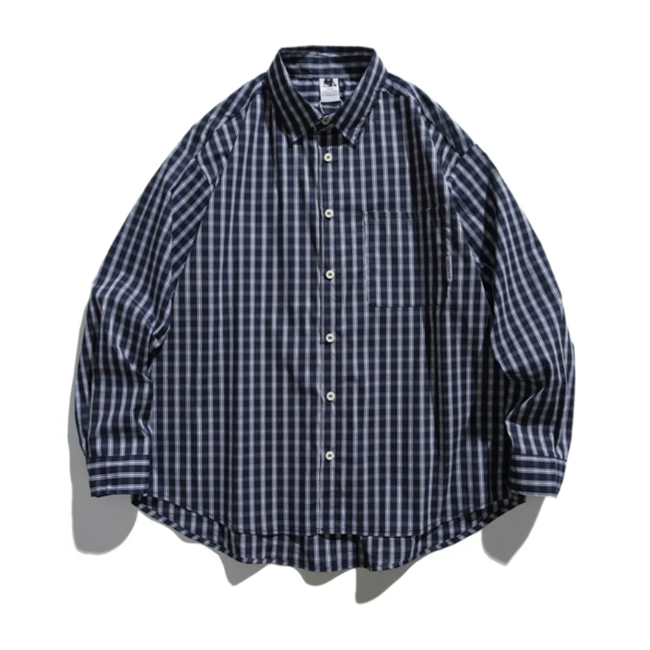 Vintage Blue Plaid Shirts Mens Streetwear Harajuku Long Sleeve Shirt for Men Oversized Loose Casual Cotton Cargo Blouse Coats