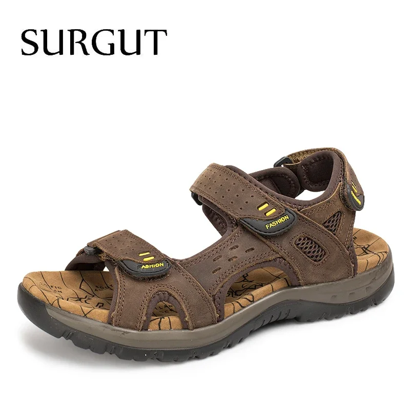 

SURGUT 2024 New Men Sandals Summer Leisure Outdoor Beach Men Casual Shoes High Quality Genuine Leather Sandals Men's Sandals