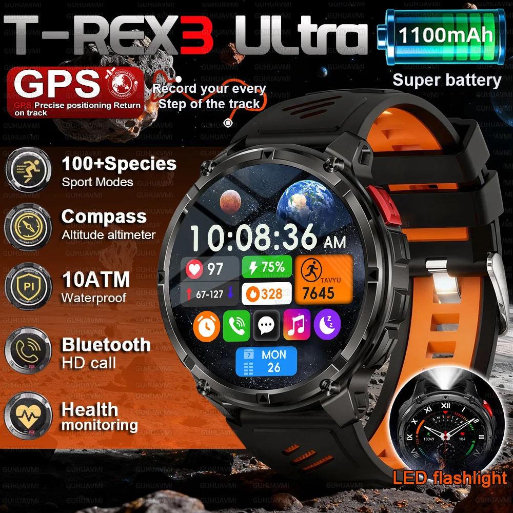 

2026 New 1100mAh Large Battery Durable Adult GPS Smart Watch Compass Flashlight Waterproof Clock Call Swim Sport Smart watch Men