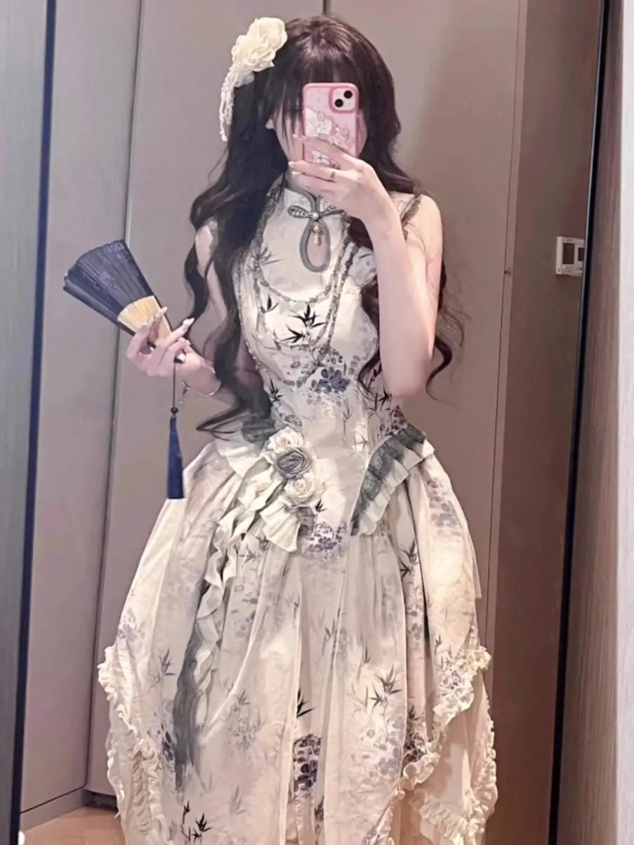 Vestido chinês sem mangas Lolita princesa para mulheres, fechamento da cintura com sentimento high-end, doce e quente, novo, verão