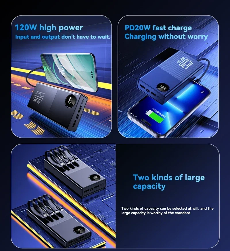 NEW 50000mAh High Capacity Power Bank 120W Fast Charging Powerbank Portable Battery Charger For iPhone Samsung Huawei Xiaomi