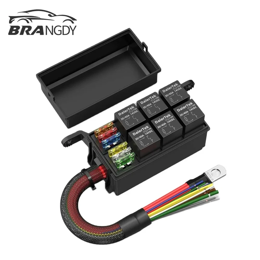 12V Automotive Fuse and Relay Box with Pre-Wires 6 Slots Relay Block 6 Slots ATC/ATO Fuse Holder Universal for Truck Marine Boat