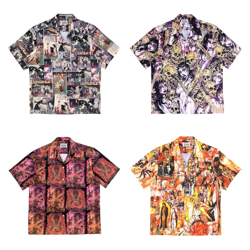 Camisa de manga corta Hawaiana para hombre y mujer, camisa Vintage suelta con cuello cubano, Tops casuales WACKO MARIA de alta calidad para verano