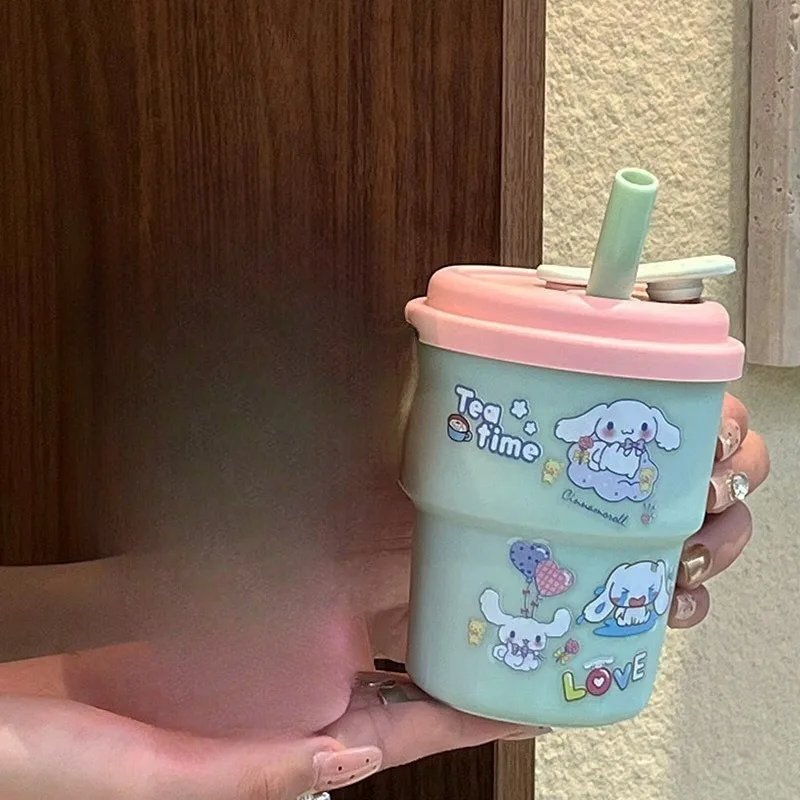 420 ミリリットルハローキティシナモロールドリンクストローマグかわいい Ladybro 漫画プラスチック水カップアニメアクションフィギュアガールフレンドのためのギフト