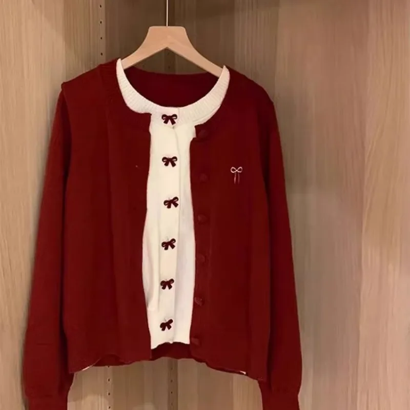 

Корейский стиль с бантом, красный искусственный кардиган из двух частей, свитер для женщин, осень-зима, новый стиль, свободные вязаные джемперы