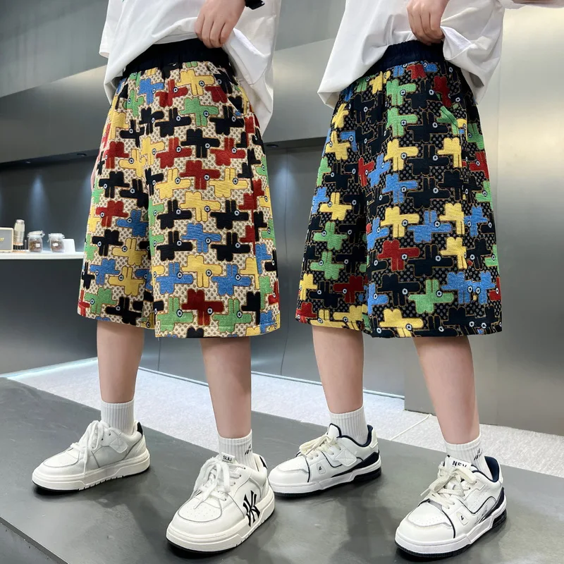 New Summer Teenage Kids Loose Shorts with Cute Pattern Boys Fashion Multi-Color Short Pants Children's Streetwear Hip Hop Shorts