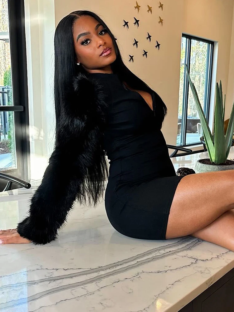 Leosoxs الفاخرة البريدي فستان المرأة الخريف الاتجاه تمتد نحيل المرقعة الفراء كم كامل بسيط حفلة عيد ميلاد الخوخ الورك Bodycon