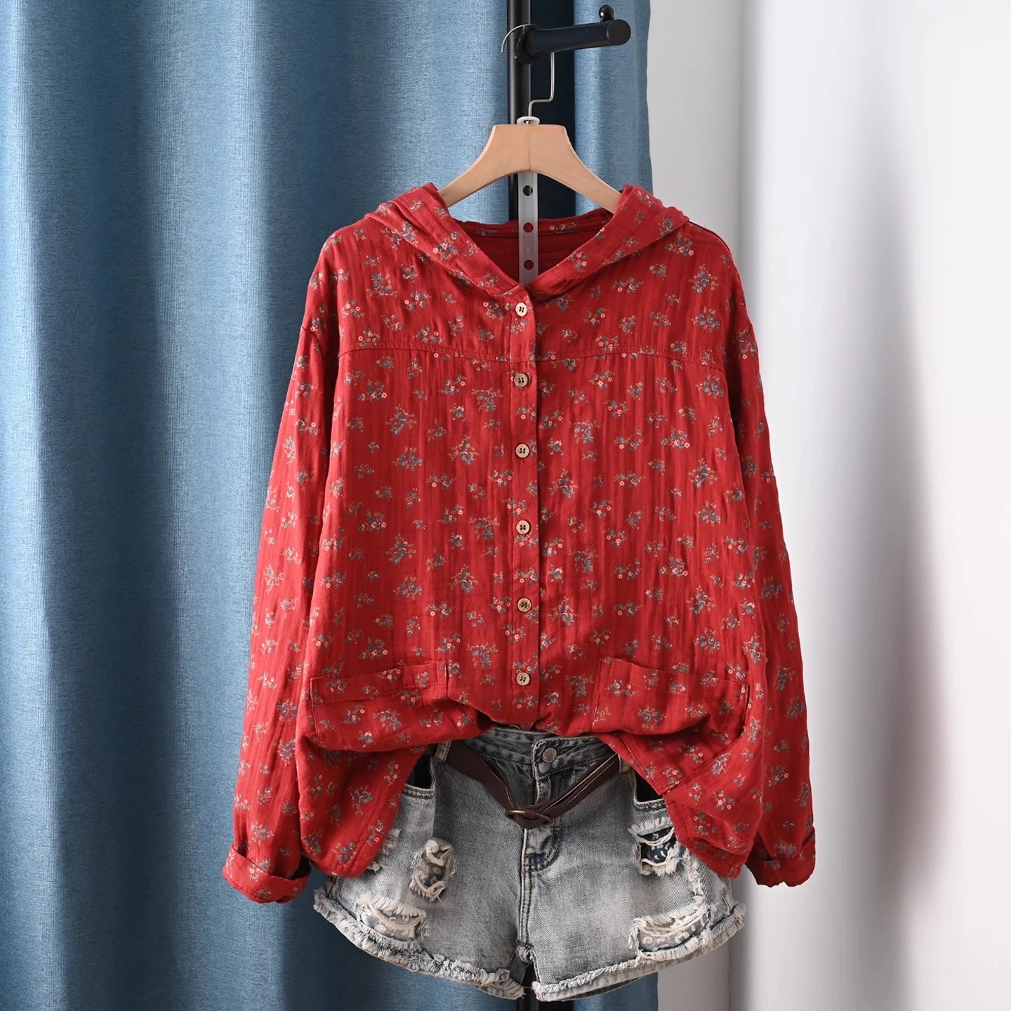 

Enianechu, 100% хлопковая пряжа, свободные рубашки с капюшоном и принтом, блузки с длинными рукавами для женщин, толстовки, осенне-весеннее красное пальто, верхняя одежда