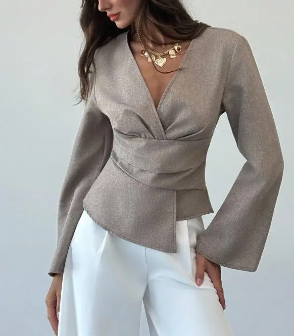 2025 موضة جديدة أنيقة عادية الخريف مثير البلوز قميص طويل الأكمام أعلى العميق الخامس الرقبة الملابس النسائية