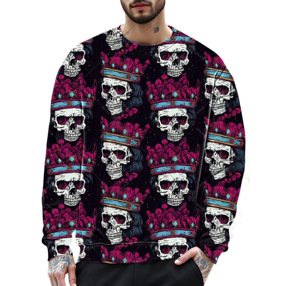 

3D Punk Skull Print Men's Sweatshirt Autumn Outdoor Street Gothic Hip Hop Style Pullover Top Loose Crew Neck Long Sleeve Clothes