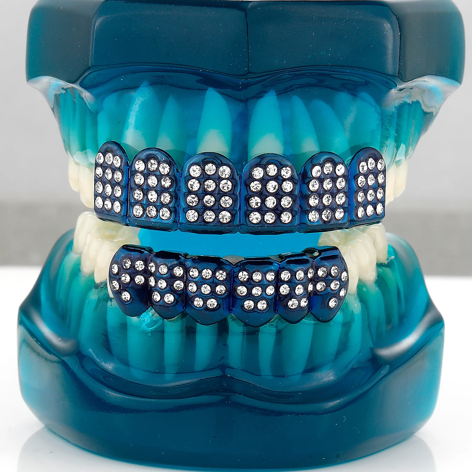 TOPGRILLZ Iced Out CZ Stones Teeth Grillz Fashion Blue Cubic Zircon 6 Top&6 Bottom Tooth Caps For Women Men Cosplay Party Jewely