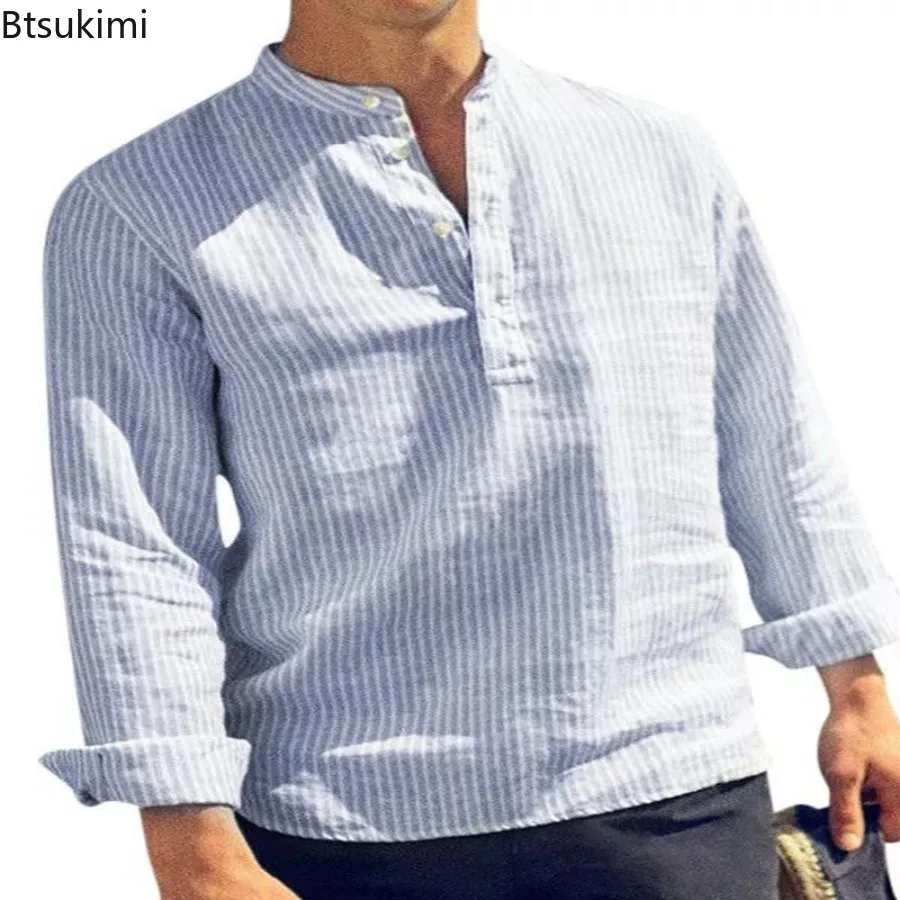 New 2026 Men's Striped Stand Collar Long Sleeve Shirts Casual Single Breasted Shirts for Men Casual Loose Fitting Pullover Tops