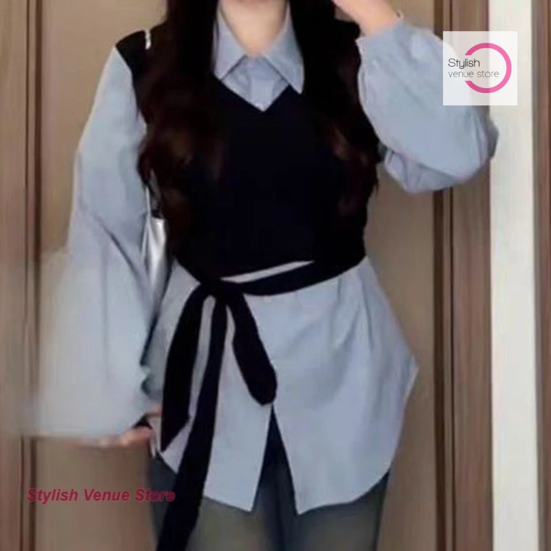 Korean style fashion fake two-piece vest long-sleeved shirt female autumn new temperament tie bow waist Joker casual shirt