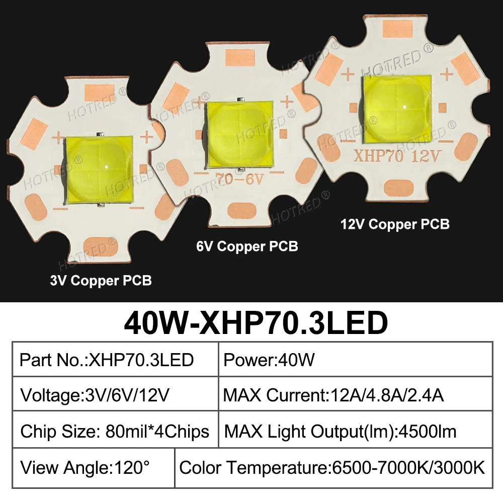 Imagem -02 - Chip Led Lâmpada de Alta Potência Cerâmica Beads7070 40w Dc3v 6v 12v Branco Quente Frio Xhp70.2 Xhp50.2 Cabeça Lanterna Holofote Xhp70.3