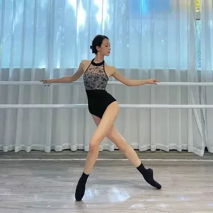 Body da balletto per donna Costumi di danza con scollo all'americana in pizzo a rete Body da ginnastica per adulti Costumi di scena per ballerina