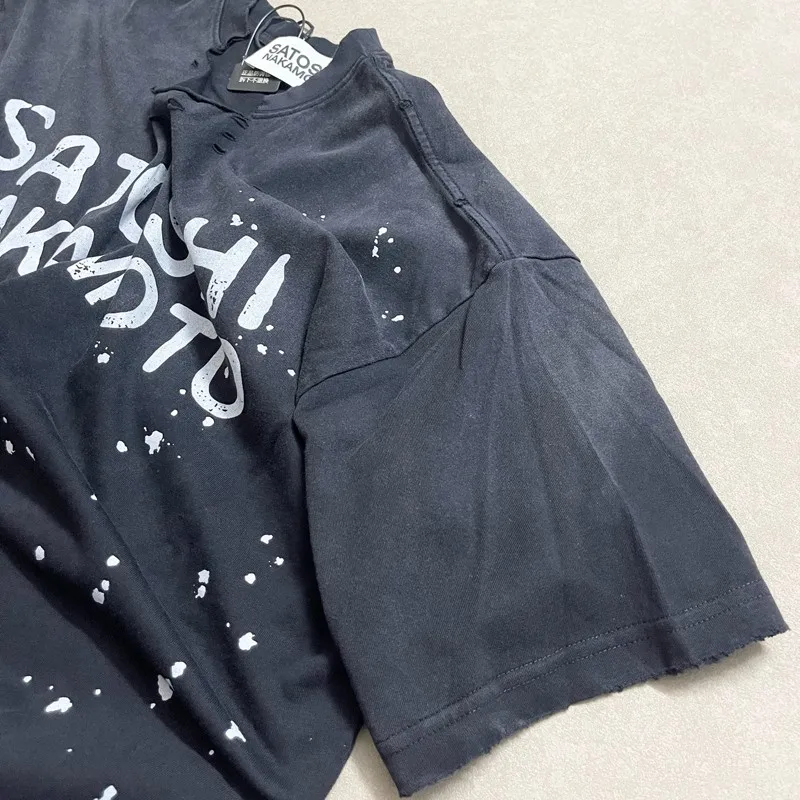 Y2K Hiphop Street Distressed Washed Worn Holes SATOSHI Irregular Ink Splashing Fading Letters Round Neck Short Sleeve Men Women
