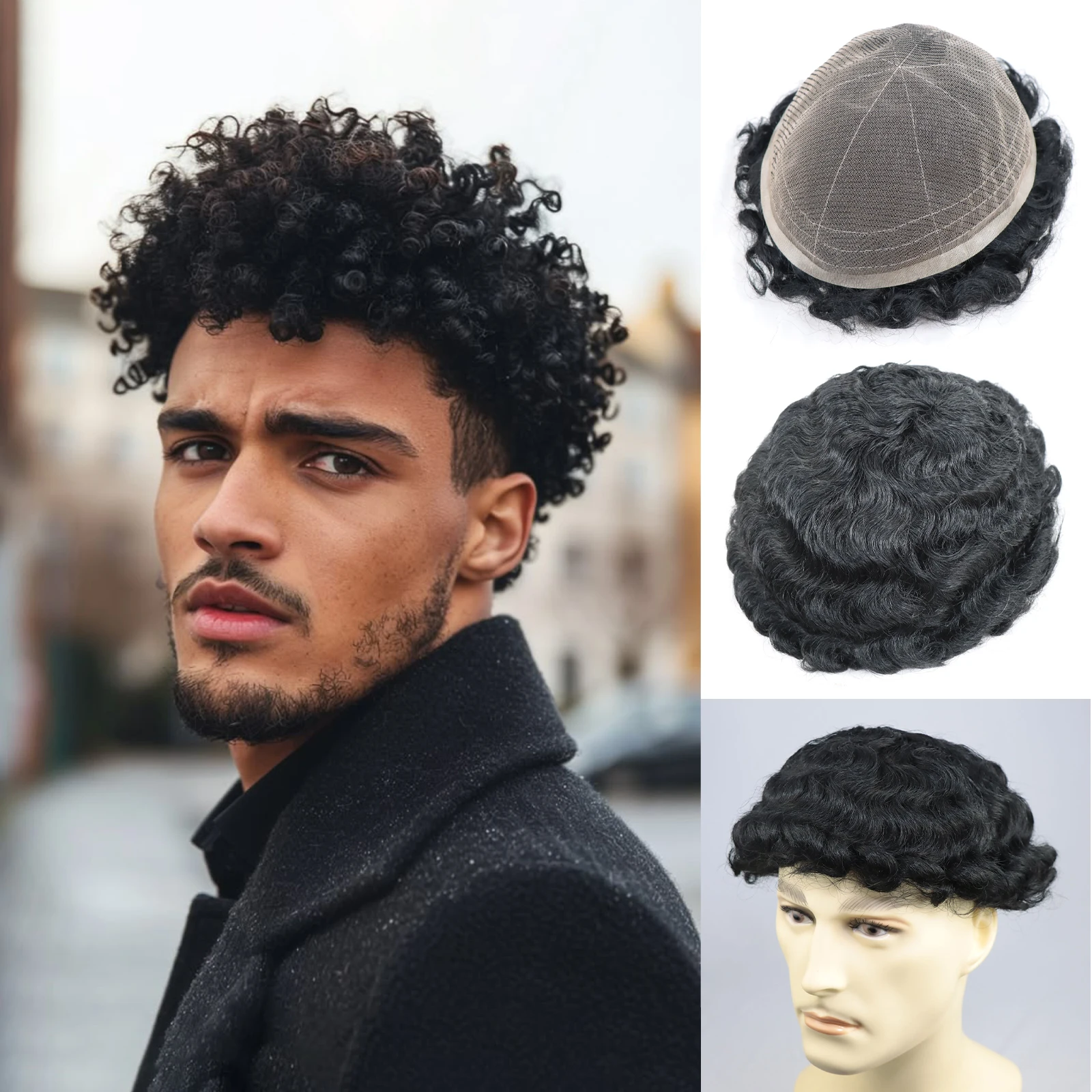 

Полный кружевной мужской парик с афро-кудрями 10 мм, мужской прочный 6-дюймовый настоящий 100% человеческий волос, натуральный черный цвет, протез