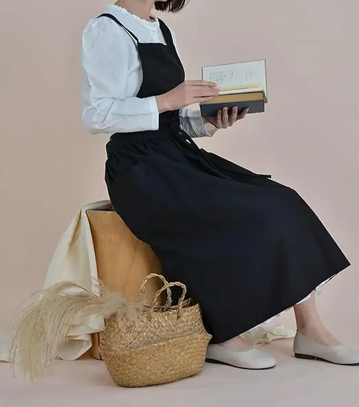 Kurze Nordic Wind Falten Rock Baumwolle Leinen Schürze Frauen Mädchen Vintage Schürze Gartenarbeit Arbeiten Kreuz Zurück Pinafore Kleid – Detail 2