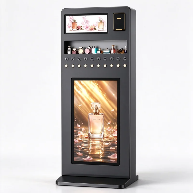 Perfume Spray Vending Kiosk Freestanding Steel Housing Touch Screen Selection For Theme Park Unmanned Fragrance Dispensing