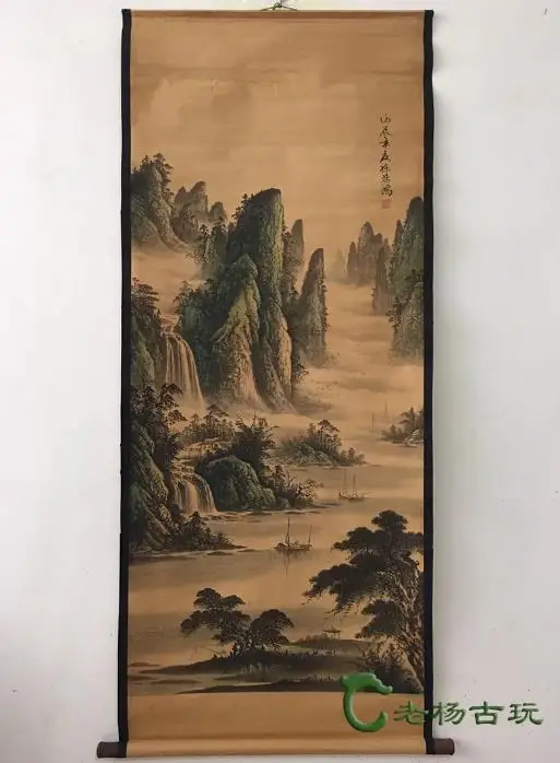 Antique Hand-painted Chinese Scroll painting,long axis of Landscape pine tree, #08,Home Decoration,best collection & adorn